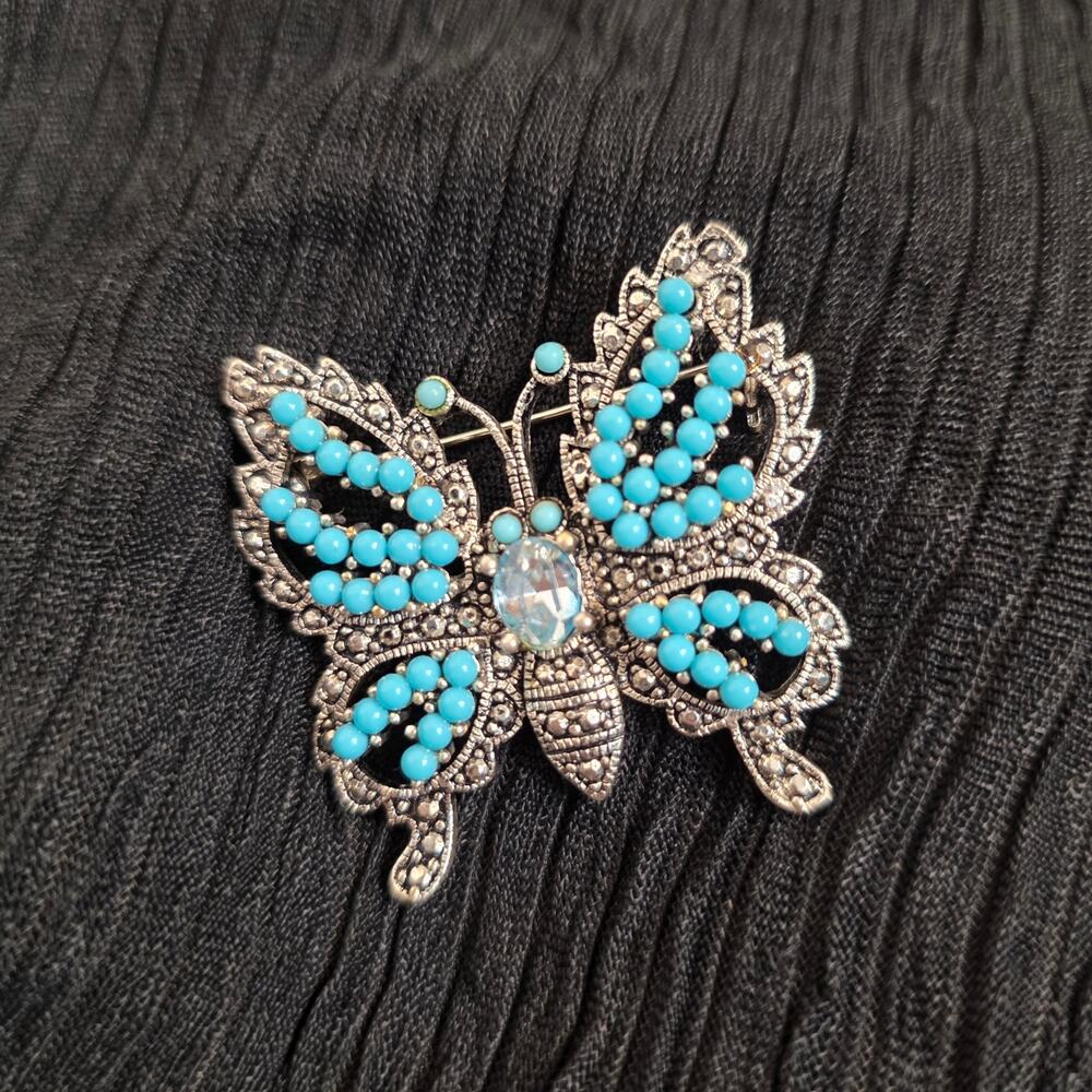 Silver Tone Faux Turquoise Blue Butterfly Brooch Jewelry